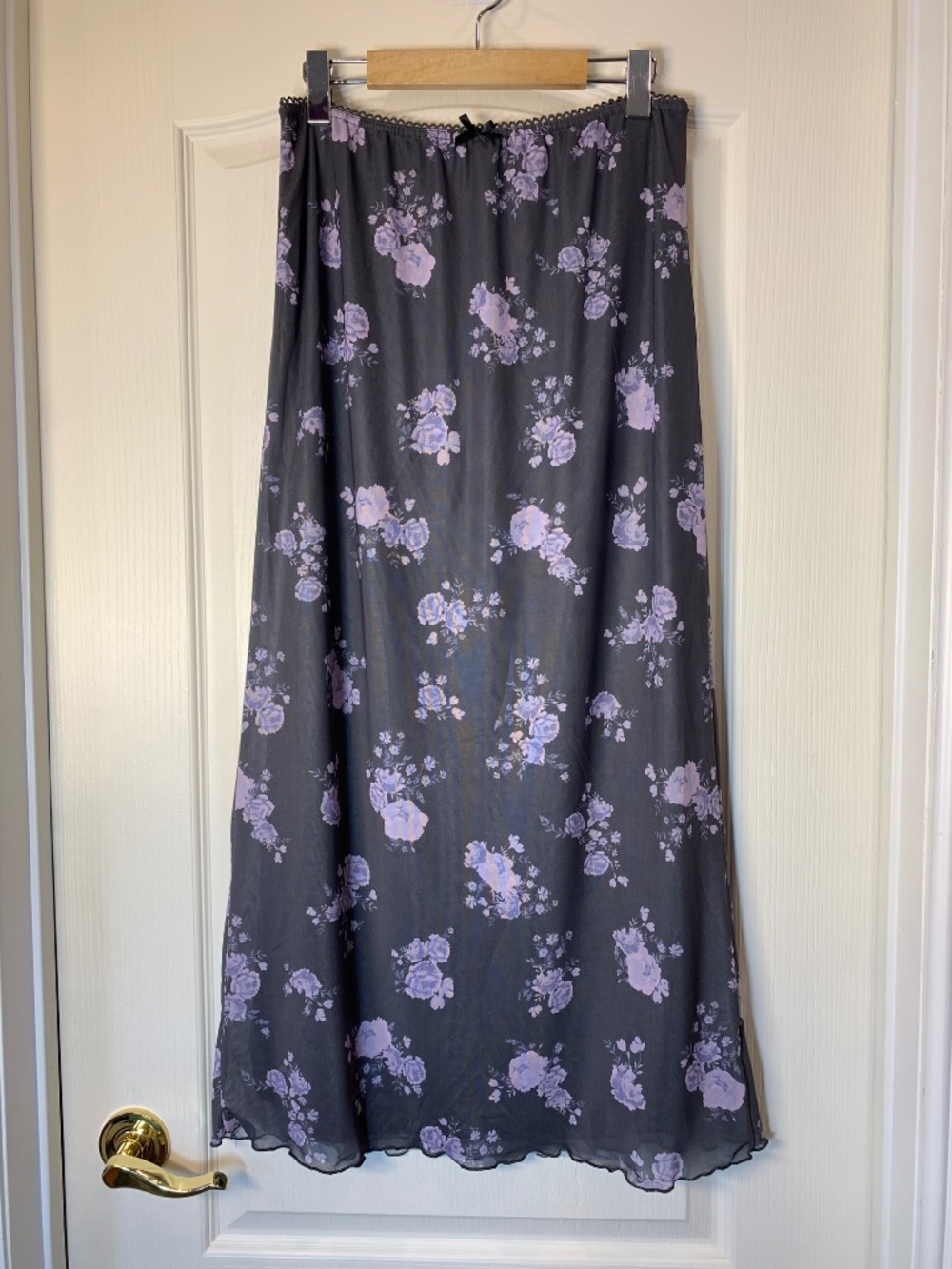 Romantic Lilac Floral Mesh Maxi Skirt, Lined Stretch Waist, L